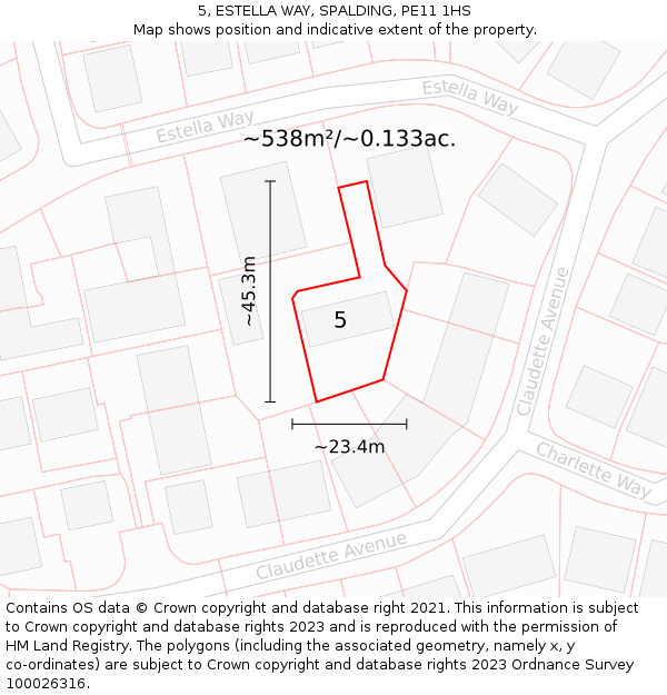 5, ESTELLA WAY, SPALDING, PE11 1HS: Plot and title map