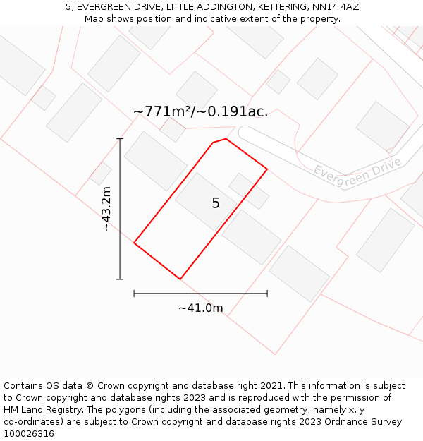 5, EVERGREEN DRIVE, LITTLE ADDINGTON, KETTERING, NN14 4AZ: Plot and title map