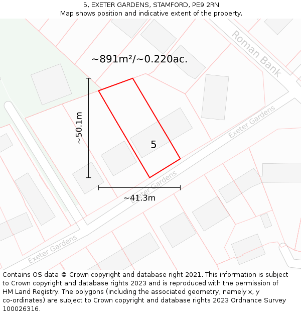 5, EXETER GARDENS, STAMFORD, PE9 2RN: Plot and title map