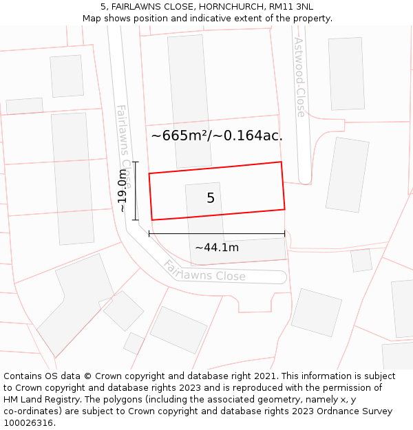 5, FAIRLAWNS CLOSE, HORNCHURCH, RM11 3NL: Plot and title map
