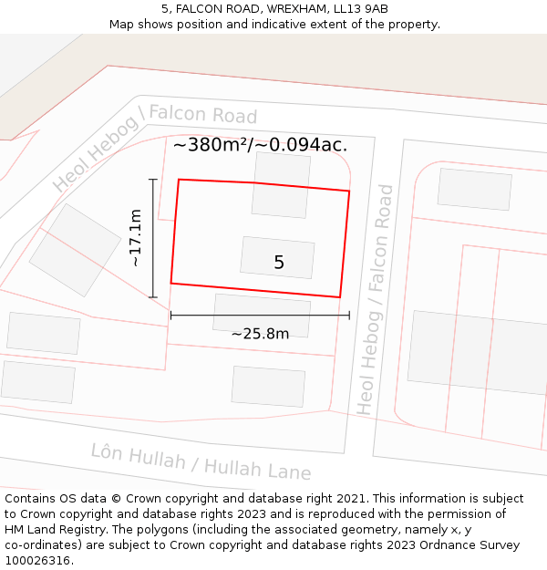 5, FALCON ROAD, WREXHAM, LL13 9AB: Plot and title map