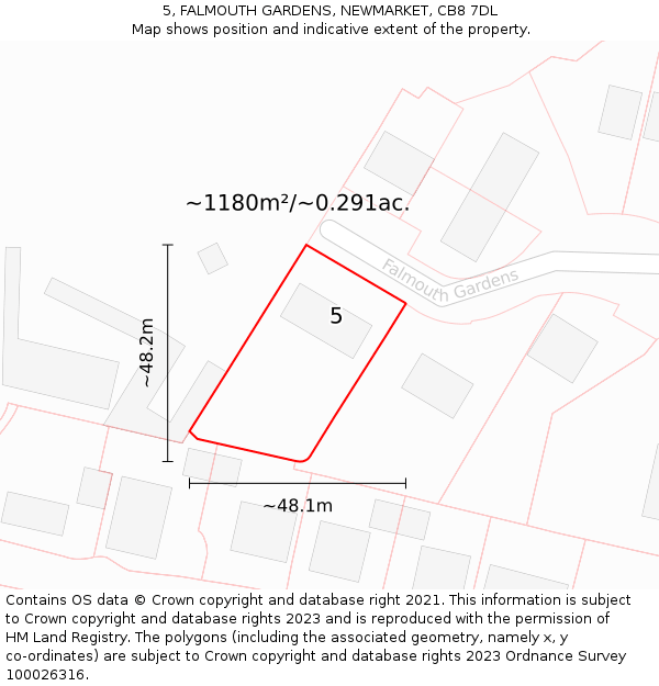 5, FALMOUTH GARDENS, NEWMARKET, CB8 7DL: Plot and title map