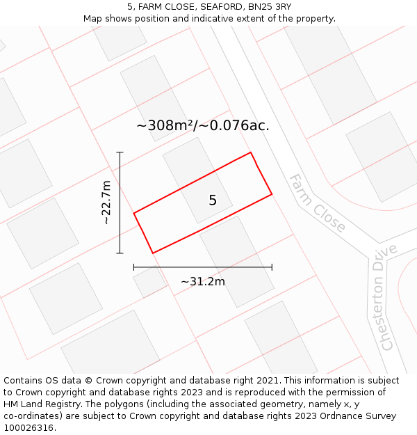 5, FARM CLOSE, SEAFORD, BN25 3RY: Plot and title map