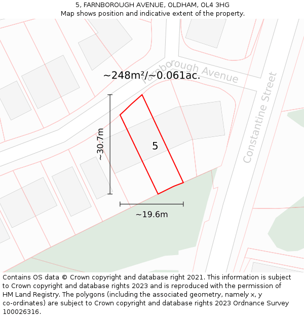 5, FARNBOROUGH AVENUE, OLDHAM, OL4 3HG: Plot and title map