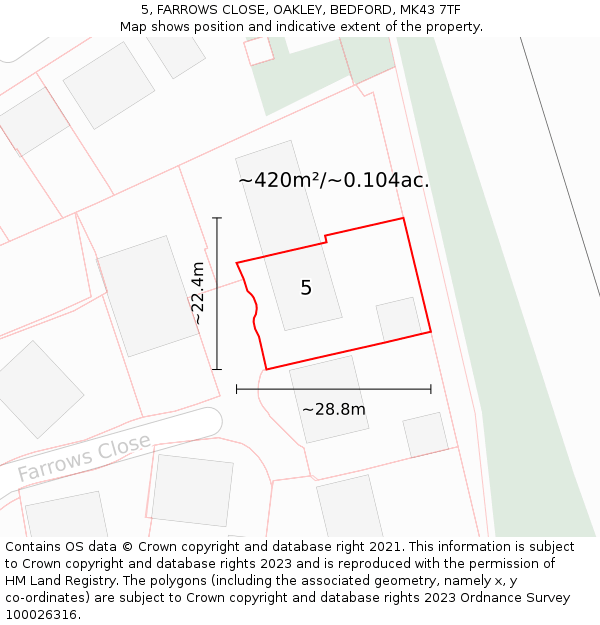 5, FARROWS CLOSE, OAKLEY, BEDFORD, MK43 7TF: Plot and title map