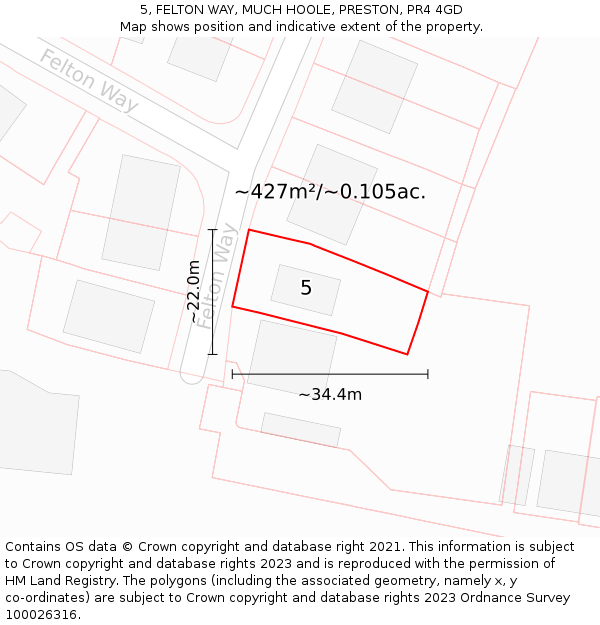 5, FELTON WAY, MUCH HOOLE, PRESTON, PR4 4GD: Plot and title map