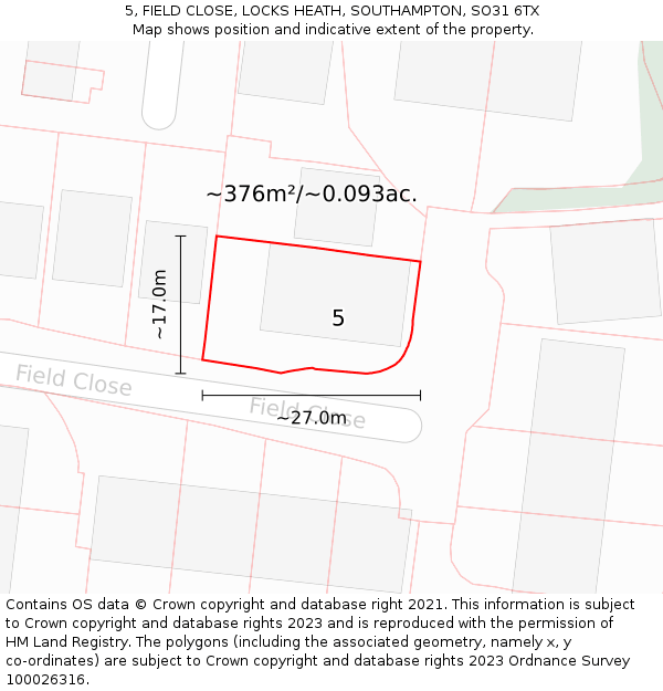 5, FIELD CLOSE, LOCKS HEATH, SOUTHAMPTON, SO31 6TX: Plot and title map