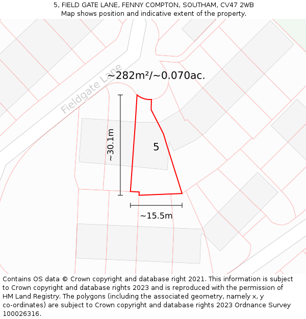 5, FIELD GATE LANE, FENNY COMPTON, SOUTHAM, CV47 2WB: Plot and title map