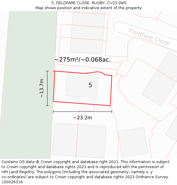 5, FIELDFARE CLOSE, RUGBY, CV23 0WS: Plot and title map