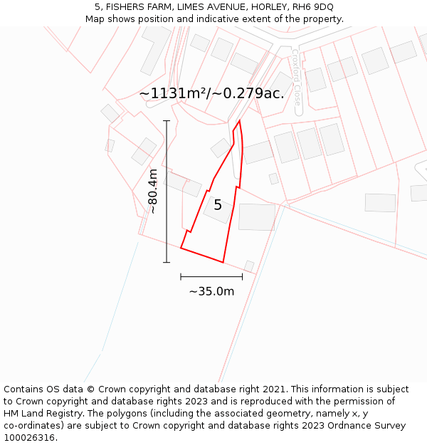 5, FISHERS FARM, LIMES AVENUE, HORLEY, RH6 9DQ: Plot and title map