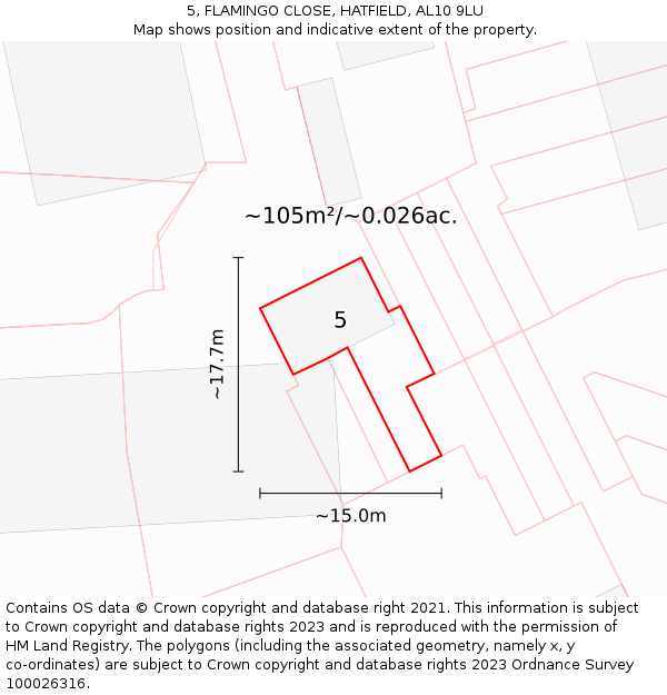 5, FLAMINGO CLOSE, HATFIELD, AL10 9LU: Plot and title map