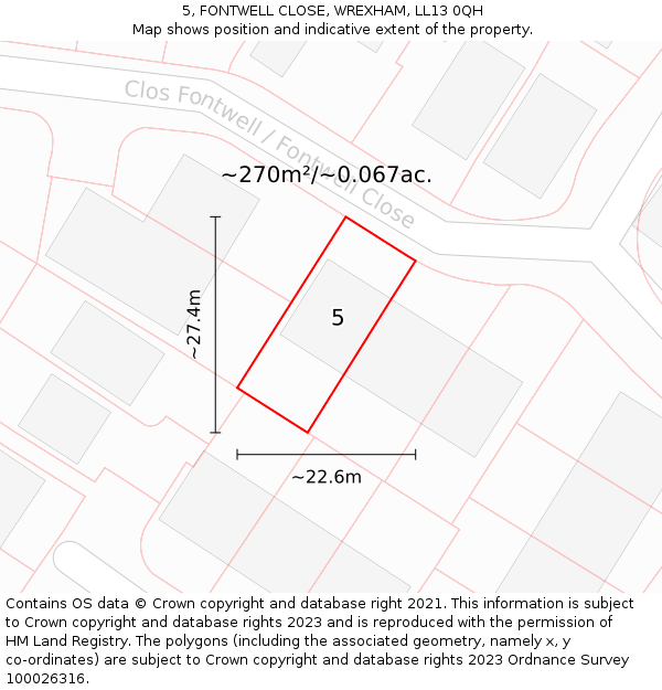 5, FONTWELL CLOSE, WREXHAM, LL13 0QH: Plot and title map