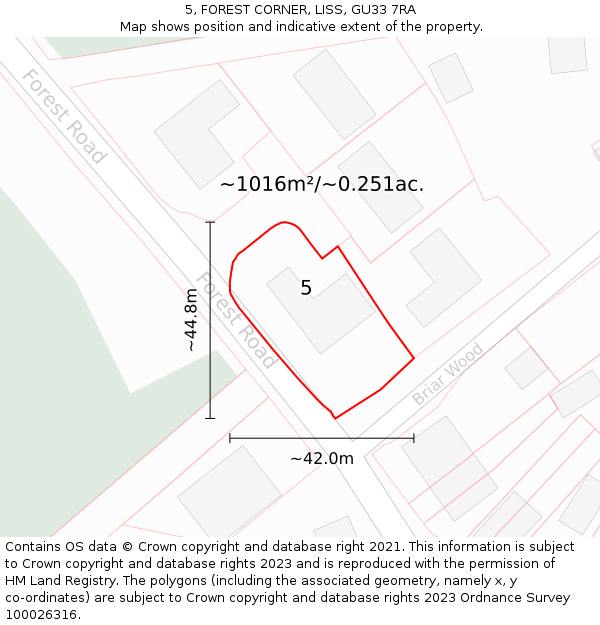 5, FOREST CORNER, LISS, GU33 7RA: Plot and title map