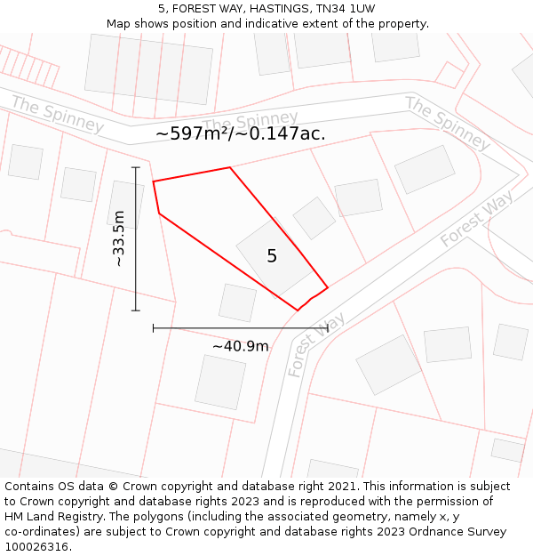 5, FOREST WAY, HASTINGS, TN34 1UW: Plot and title map