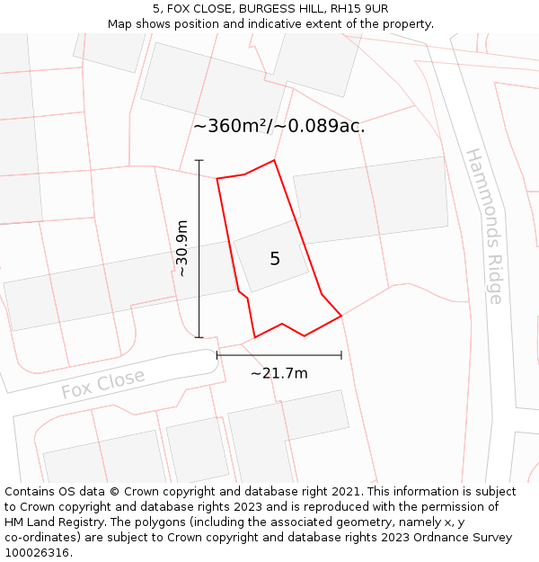 5, FOX CLOSE, BURGESS HILL, RH15 9UR: Plot and title map