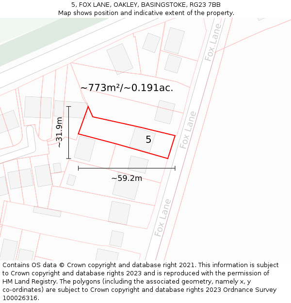 5, FOX LANE, OAKLEY, BASINGSTOKE, RG23 7BB: Plot and title map