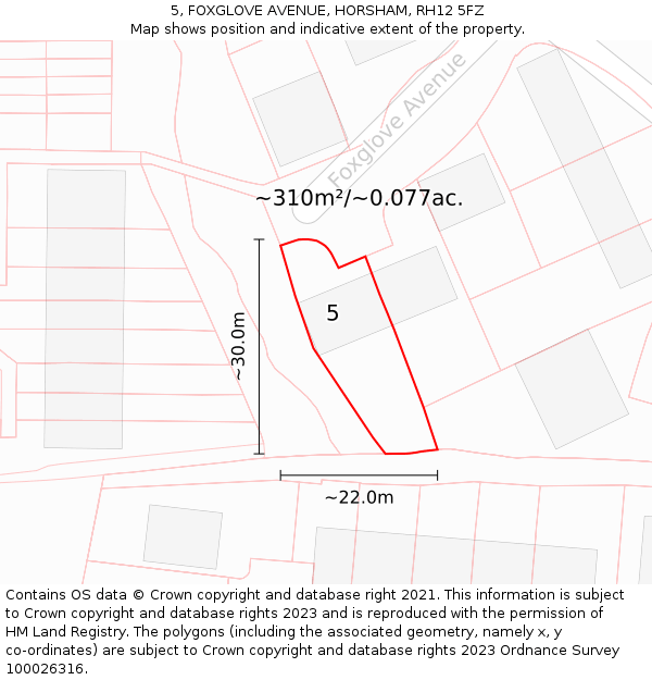 5, FOXGLOVE AVENUE, HORSHAM, RH12 5FZ: Plot and title map