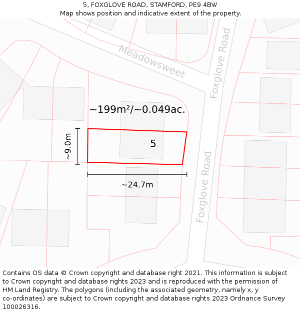 5, FOXGLOVE ROAD, STAMFORD, PE9 4BW: Plot and title map