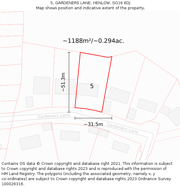 5, GARDENERS LANE, HENLOW, SG16 6DJ: Plot and title map