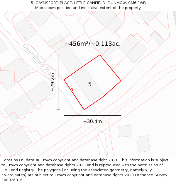 5, GAYNSFORD PLACE, LITTLE CANFIELD, DUNMOW, CM6 1WB: Plot and title map