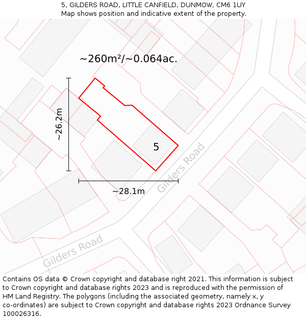 5, GILDERS ROAD, LITTLE CANFIELD, DUNMOW, CM6 1UY: Plot and title map