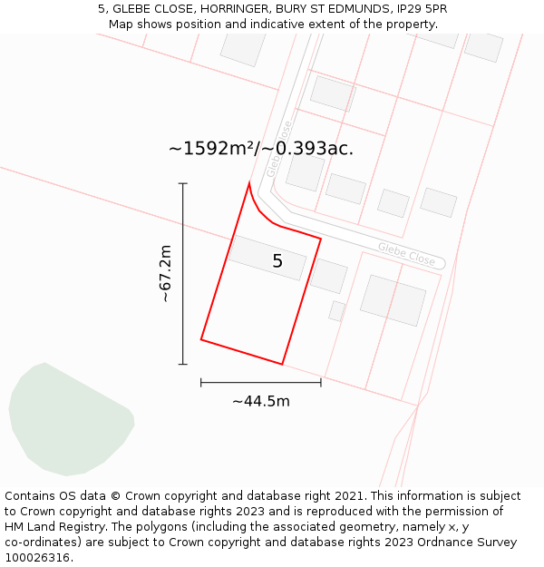 5, GLEBE CLOSE, HORRINGER, BURY ST EDMUNDS, IP29 5PR: Plot and title map