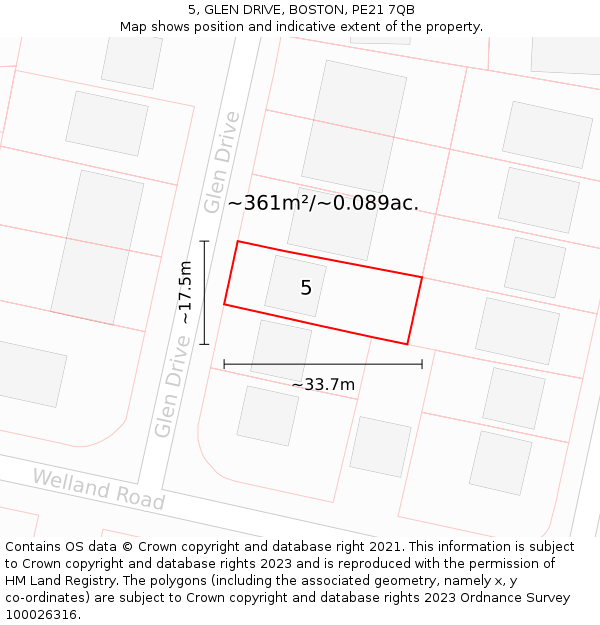 5, GLEN DRIVE, BOSTON, PE21 7QB: Plot and title map