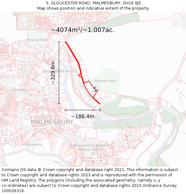 5, GLOUCESTER ROAD, MALMESBURY, SN16 9JS: Plot and title map