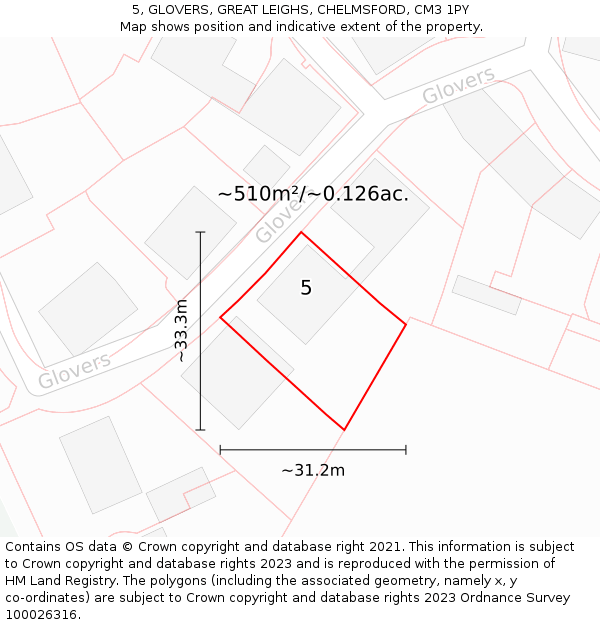5, GLOVERS, GREAT LEIGHS, CHELMSFORD, CM3 1PY: Plot and title map