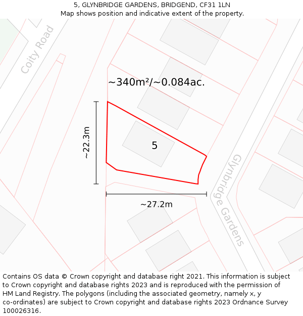 5, GLYNBRIDGE GARDENS, BRIDGEND, CF31 1LN: Plot and title map
