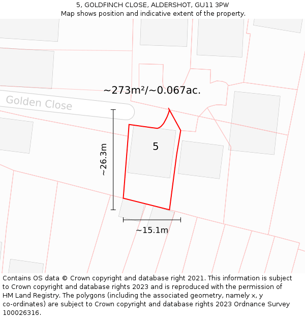 5, GOLDFINCH CLOSE, ALDERSHOT, GU11 3PW: Plot and title map