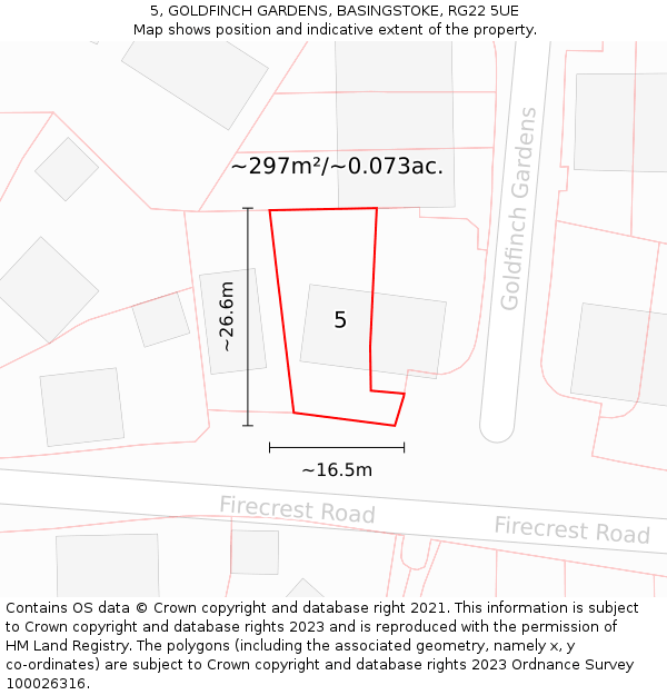 5, GOLDFINCH GARDENS, BASINGSTOKE, RG22 5UE: Plot and title map