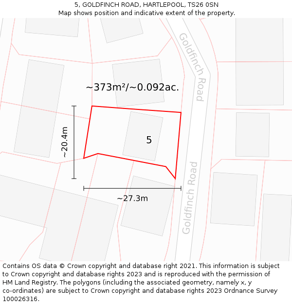 5, GOLDFINCH ROAD, HARTLEPOOL, TS26 0SN: Plot and title map