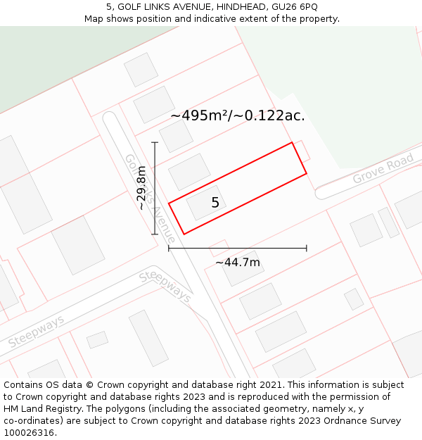 5, GOLF LINKS AVENUE, HINDHEAD, GU26 6PQ: Plot and title map