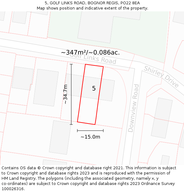 5, GOLF LINKS ROAD, BOGNOR REGIS, PO22 8EA: Plot and title map