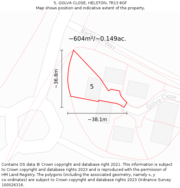 5, GOLVA CLOSE, HELSTON, TR13 8GF: Plot and title map