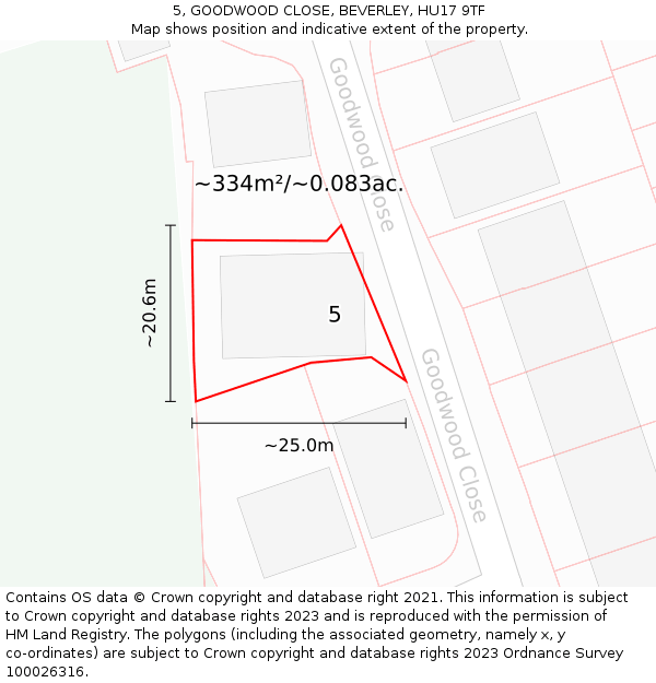 5, GOODWOOD CLOSE, BEVERLEY, HU17 9TF: Plot and title map
