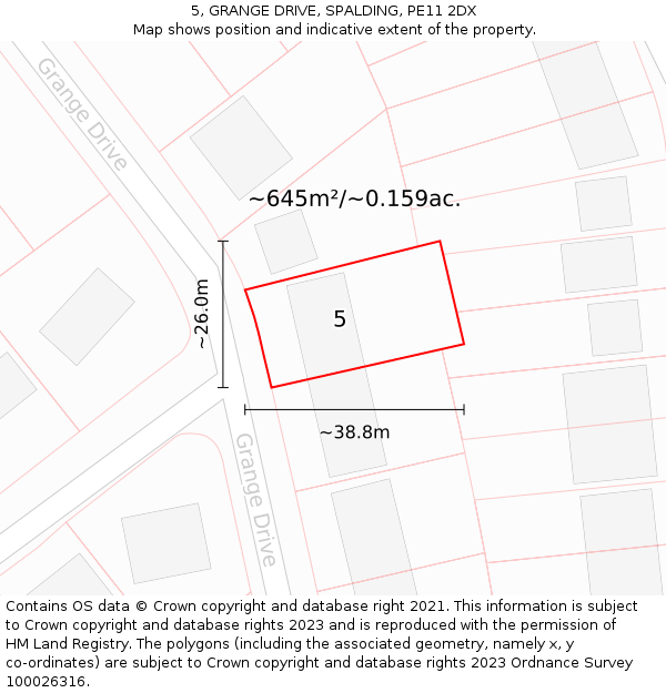 5, GRANGE DRIVE, SPALDING, PE11 2DX: Plot and title map