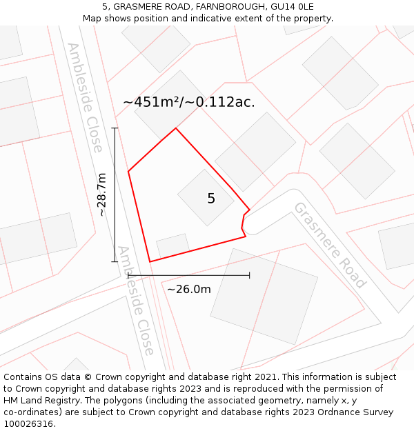 5, GRASMERE ROAD, FARNBOROUGH, GU14 0LE: Plot and title map