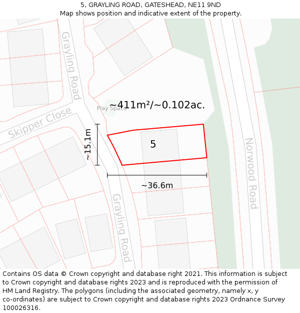 5, GRAYLING ROAD, GATESHEAD, NE11 9ND: Plot and title map