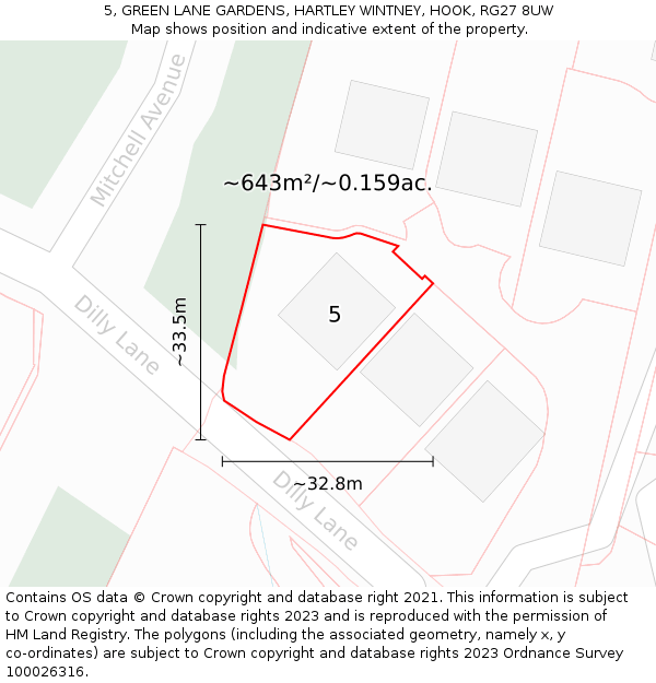 5, GREEN LANE GARDENS, HARTLEY WINTNEY, HOOK, RG27 8UW: Plot and title map