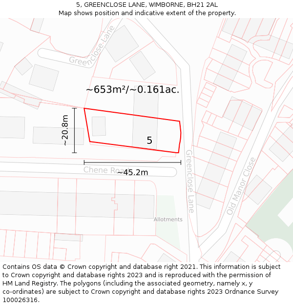 5, GREENCLOSE LANE, WIMBORNE, BH21 2AL: Plot and title map