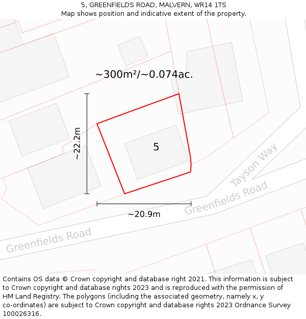 5, GREENFIELDS ROAD, MALVERN, WR14 1TS: Plot and title map