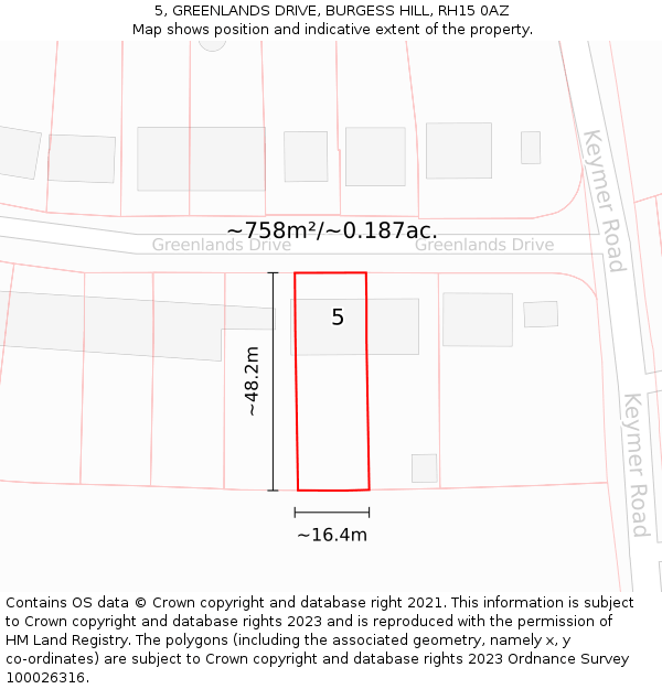 5, GREENLANDS DRIVE, BURGESS HILL, RH15 0AZ: Plot and title map