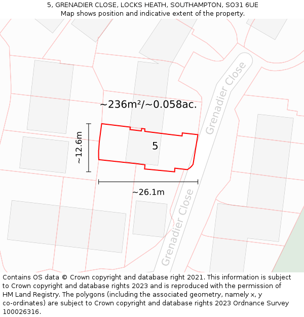 5, GRENADIER CLOSE, LOCKS HEATH, SOUTHAMPTON, SO31 6UE: Plot and title map