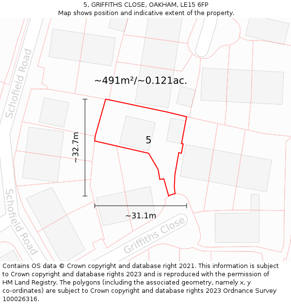 5, GRIFFITHS CLOSE, OAKHAM, LE15 6FP: Plot and title map