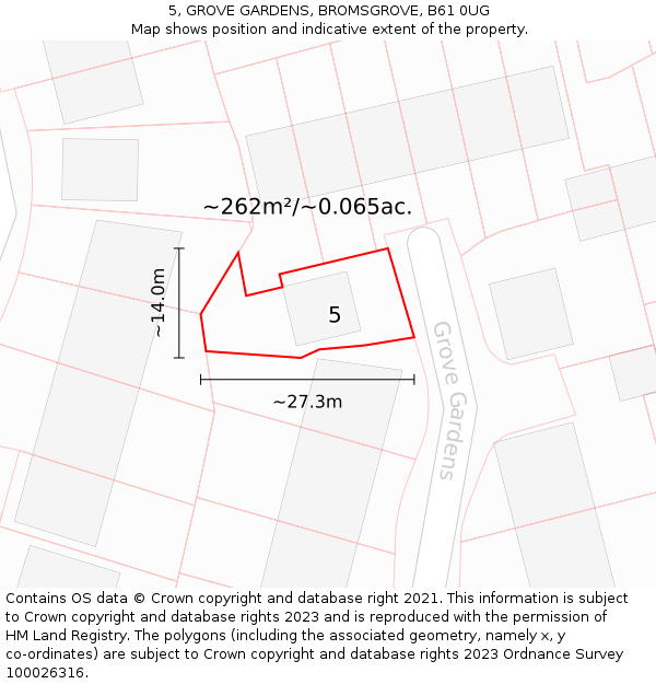 5, GROVE GARDENS, BROMSGROVE, B61 0UG: Plot and title map