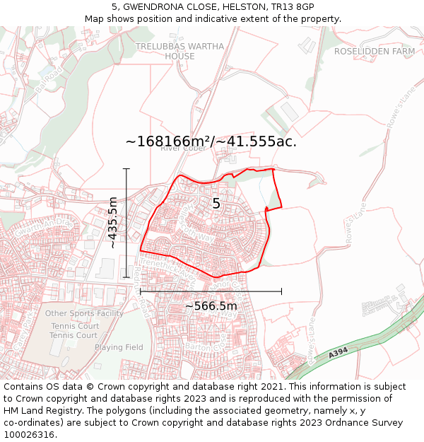 5, GWENDRONA CLOSE, HELSTON, TR13 8GP: Plot and title map