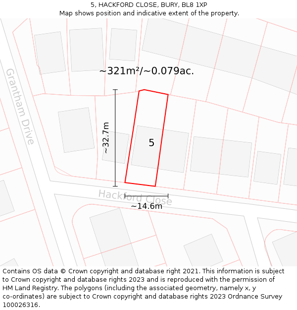 5, HACKFORD CLOSE, BURY, BL8 1XP: Plot and title map