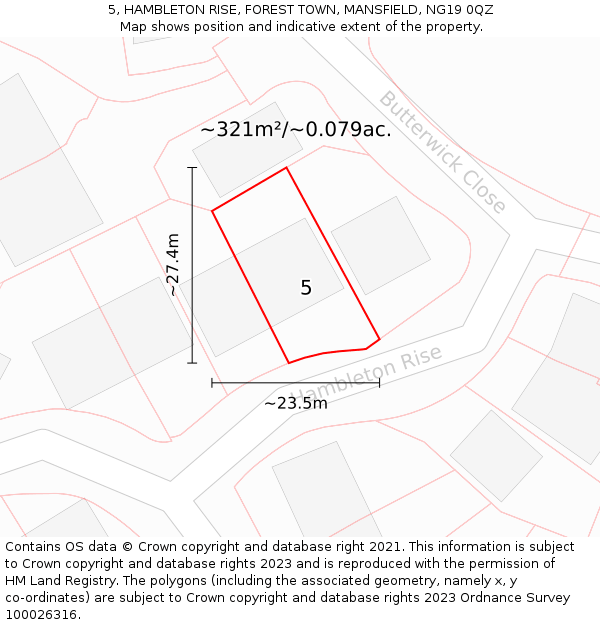 5, HAMBLETON RISE, FOREST TOWN, MANSFIELD, NG19 0QZ: Plot and title map